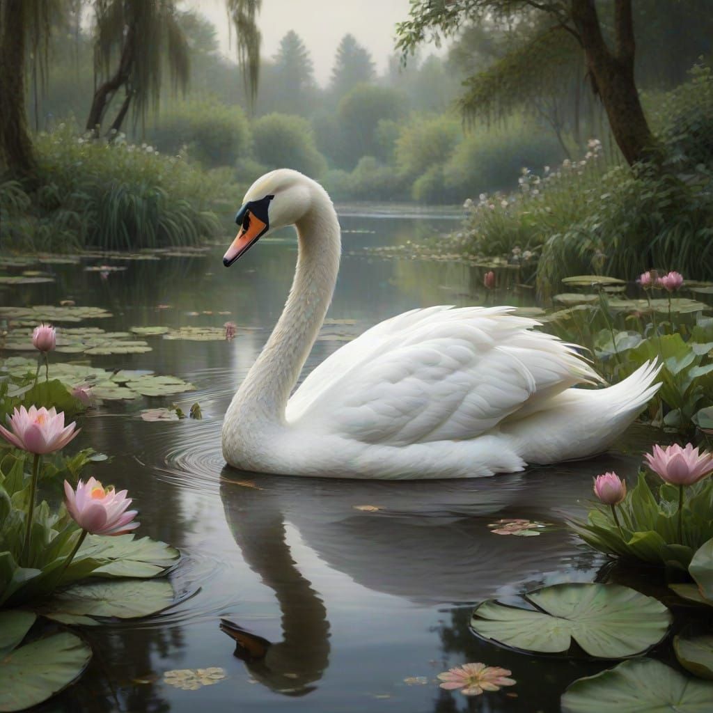 Serenely Beautiful Swan Amidst Lush Greenery and Misty Water...