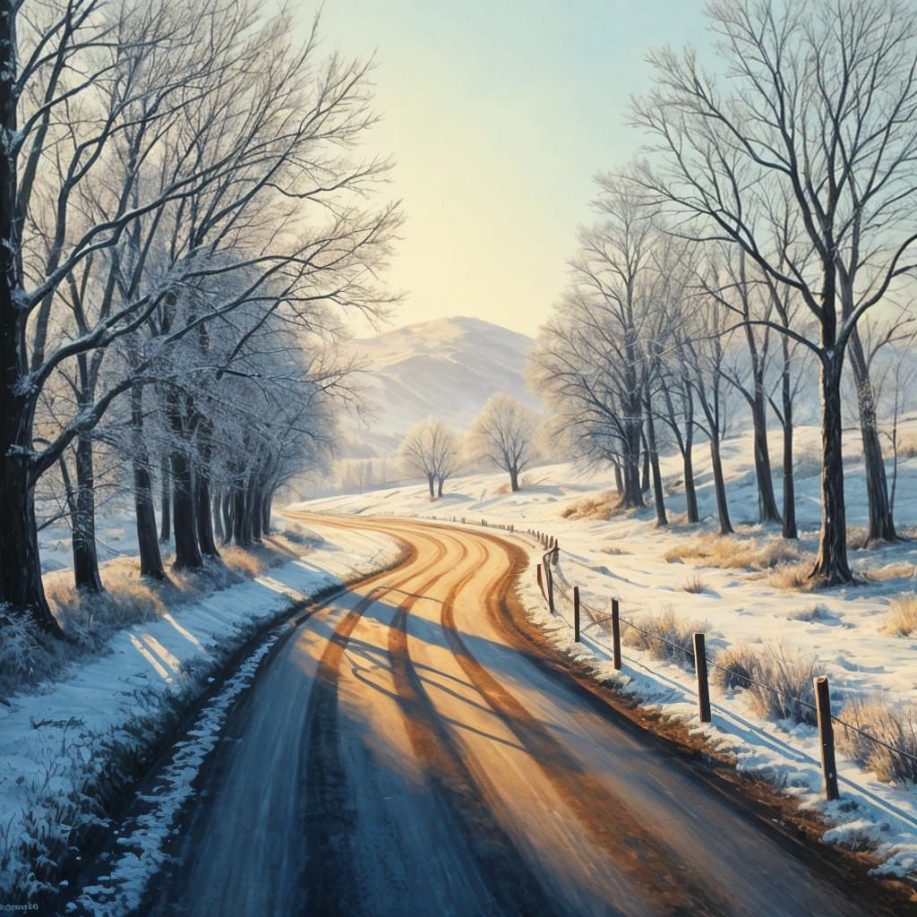 Frosty Morning Roadside in Gouache Watercolor Style