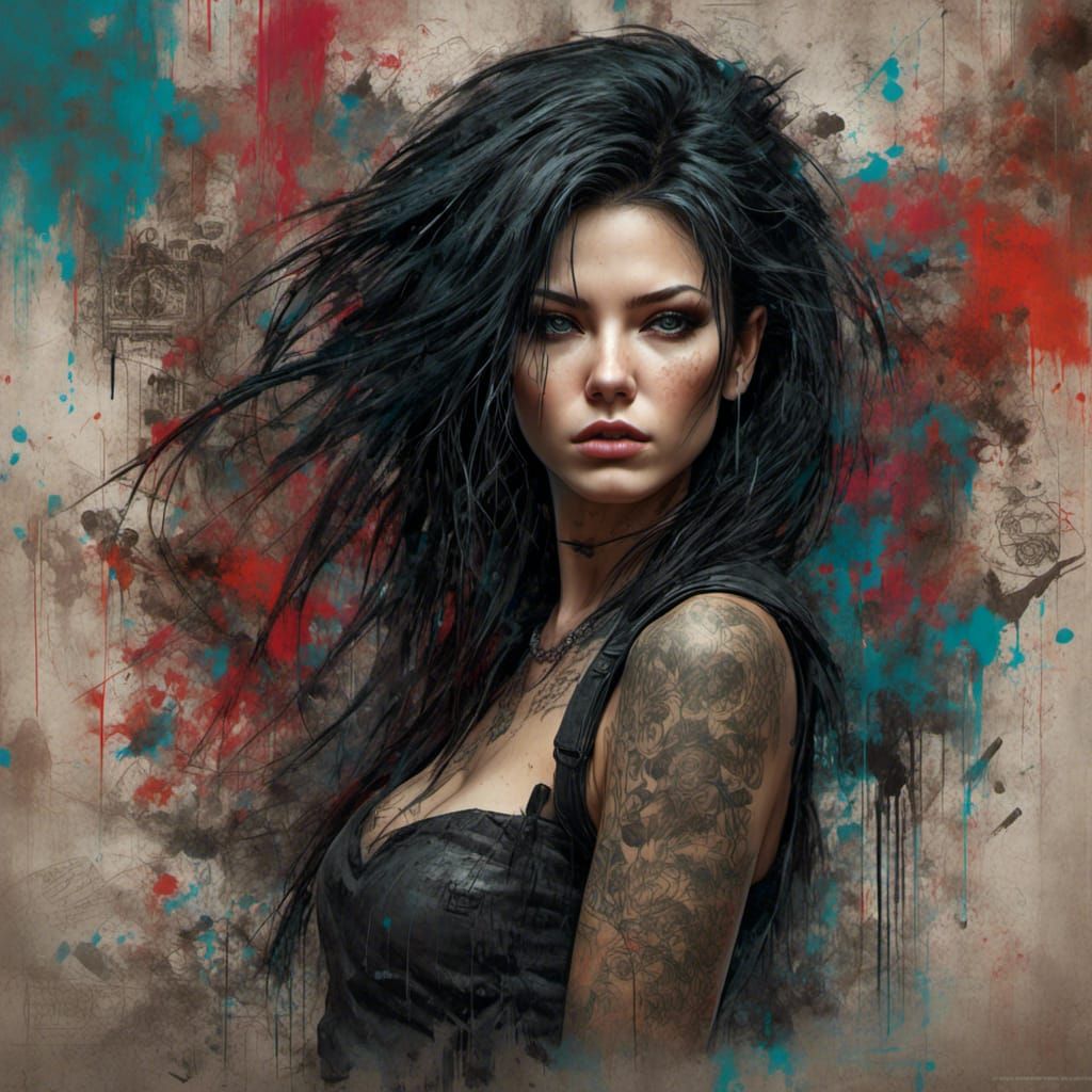 Punk Goth Beauty with Raven Hair in Detailed Matte Painting
