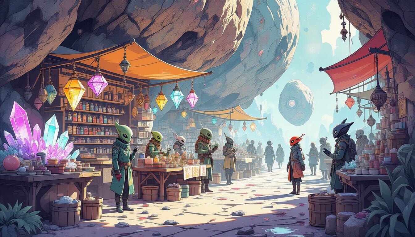 Alien Marketplace on Asteroid in Watercolour Style