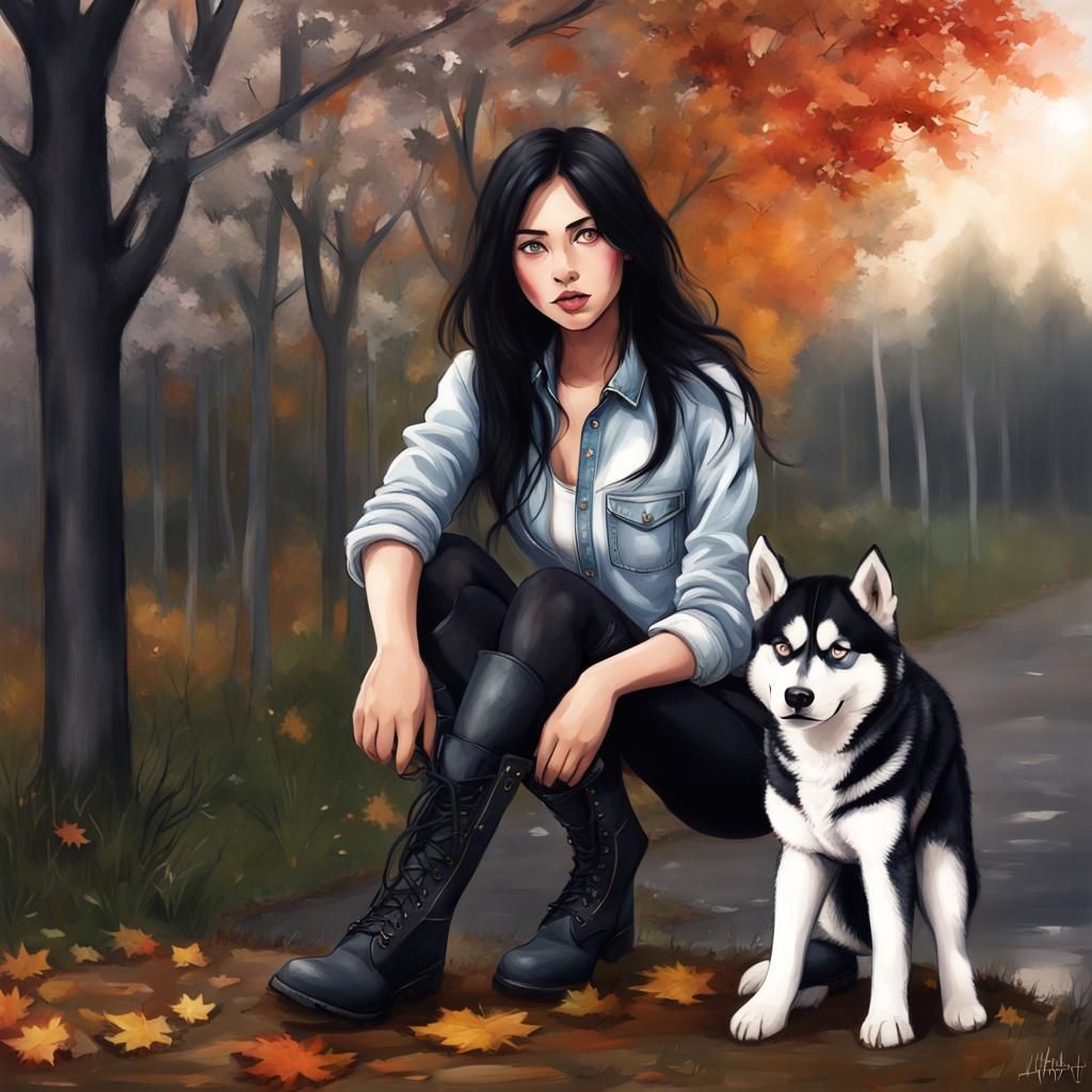 Anime Girl with Husky in Autumn Landscape
