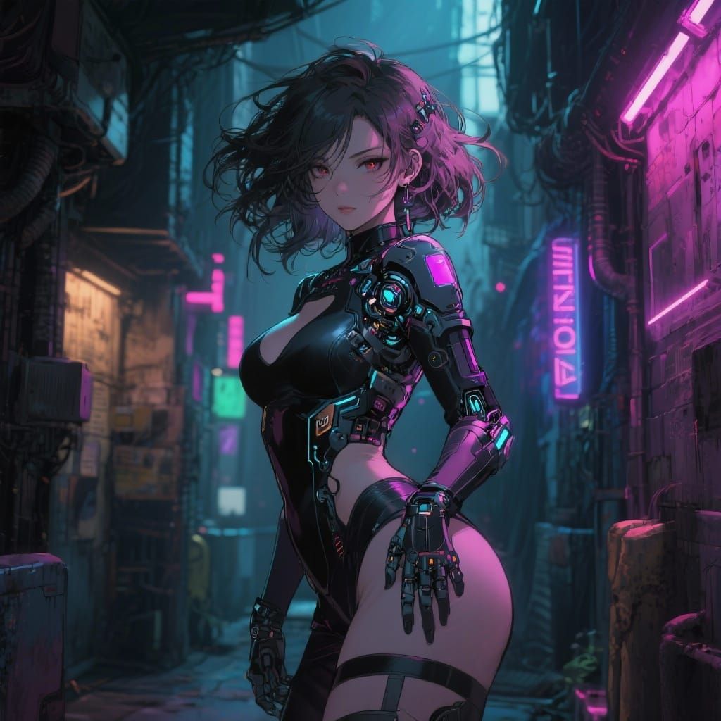 Cyberpunk Femme Fatale in Neon Alley - Anime Art Style