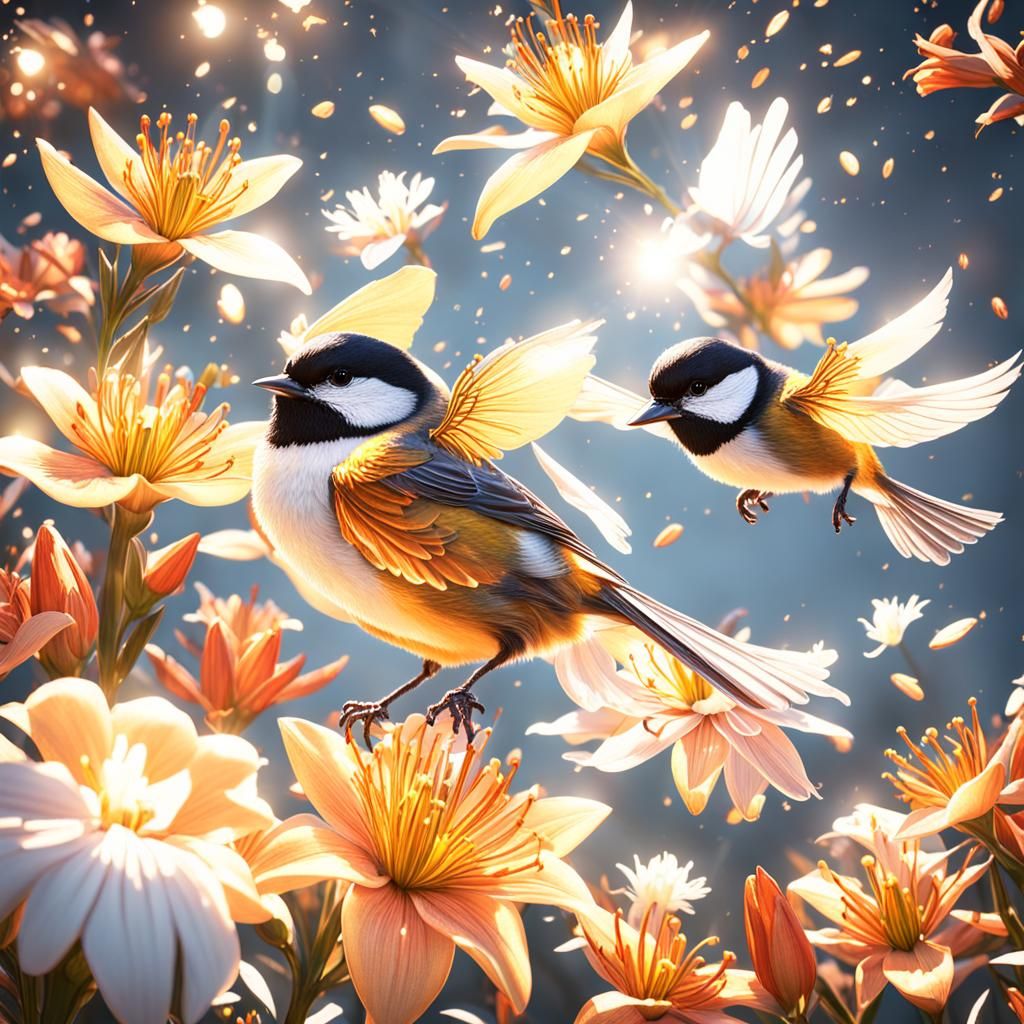 Chickadee in Glorious Light with Fire Lilies
