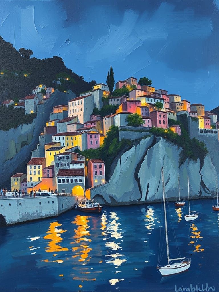 Oil painting with impressionist brush strokes in the style of Pisarro of an Italian harbor characterized by steep terrac...