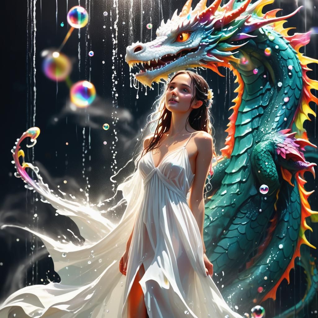 Whimsical Woman Dragon Shower Fantasy Art