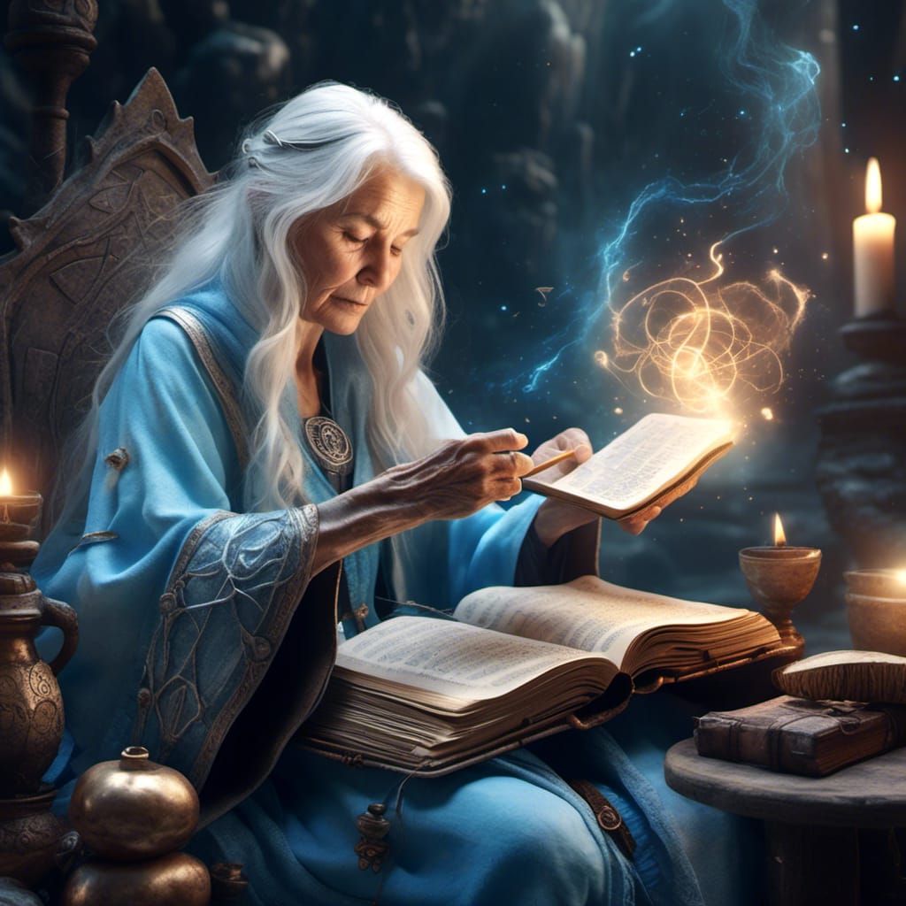 Old Female Wizard Studying Spell Book