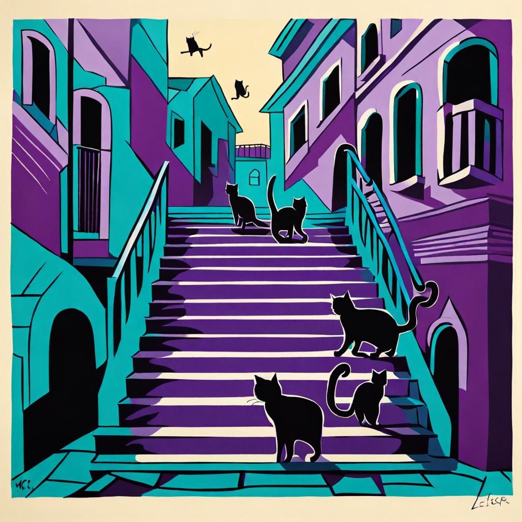 Cats walking on stairs and for some reason flying too, those...