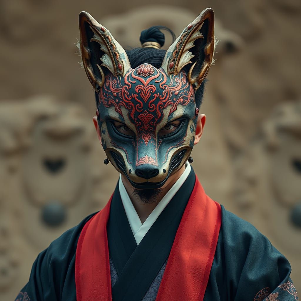 Korean Celebrity in Japanese Fox Mask, Cinematic Realism