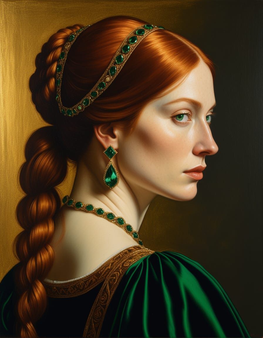 Renaissance Woman with Copper Hair and Emerald Eyes