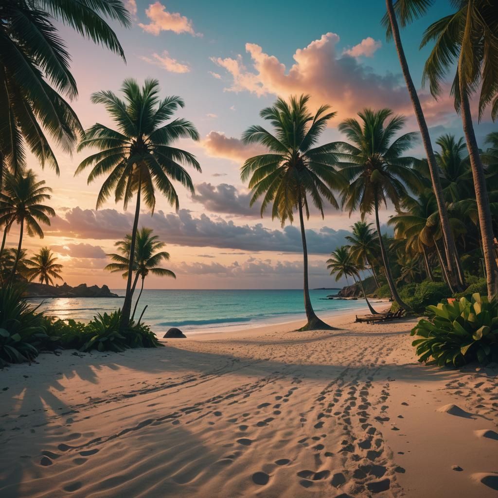 Tropical Beach Sunset in Digital Matte Painting Style