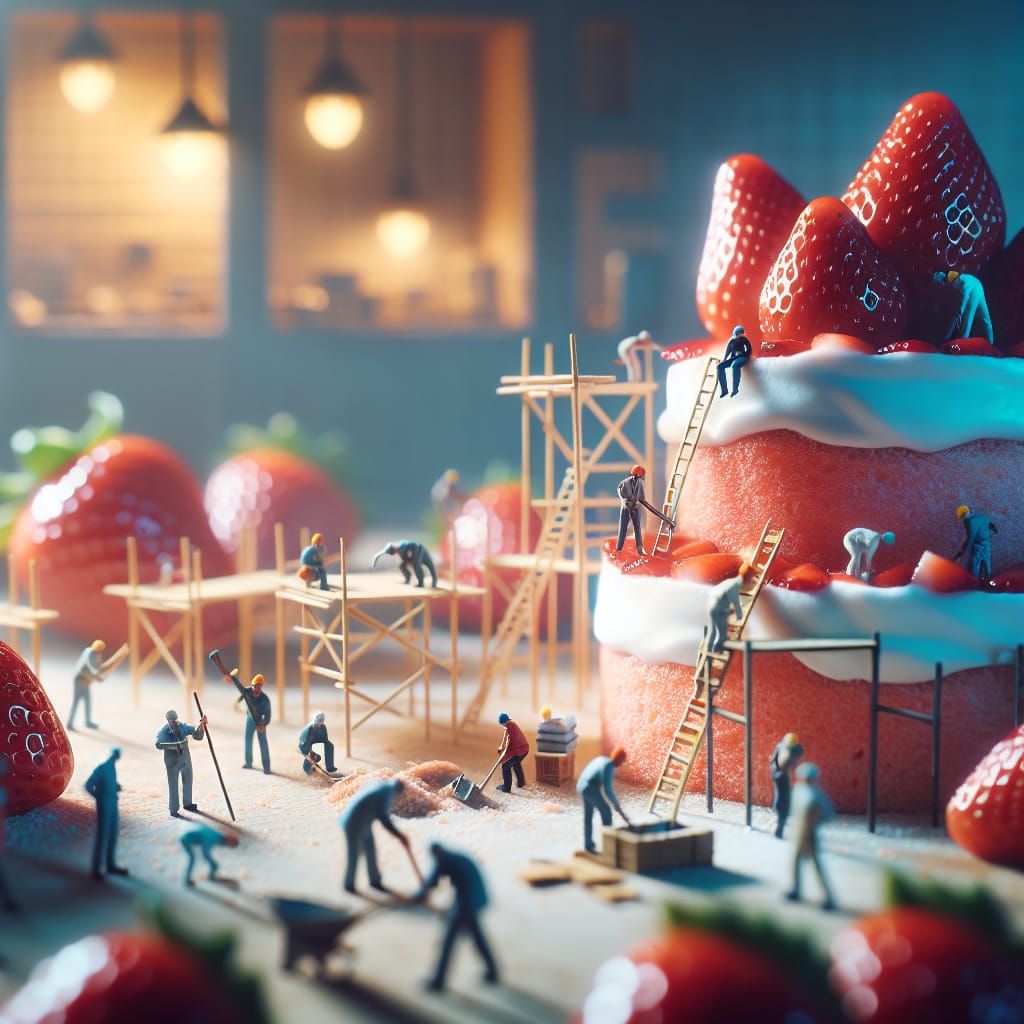 Diverse Workers Construct Strawberry Cake Masterpiece