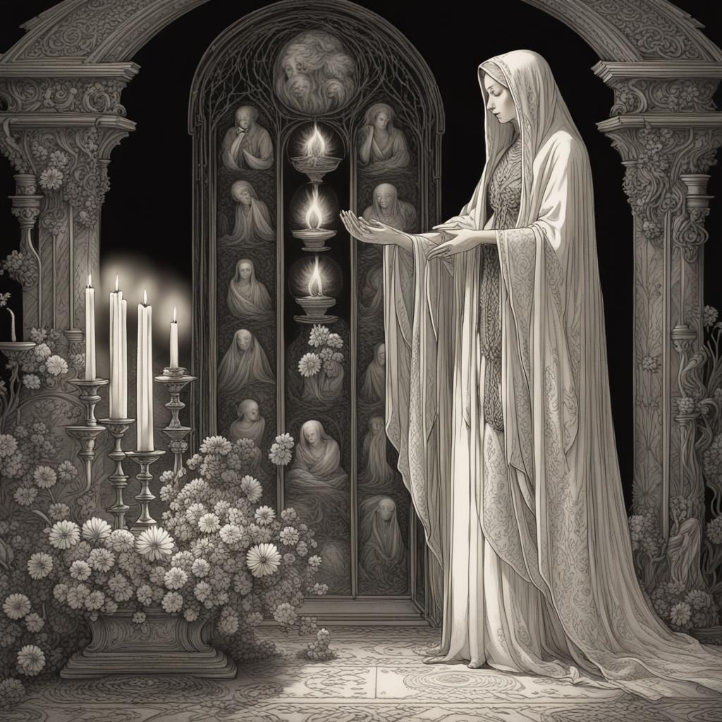 Priestess Offering to Angel in Engraving Style