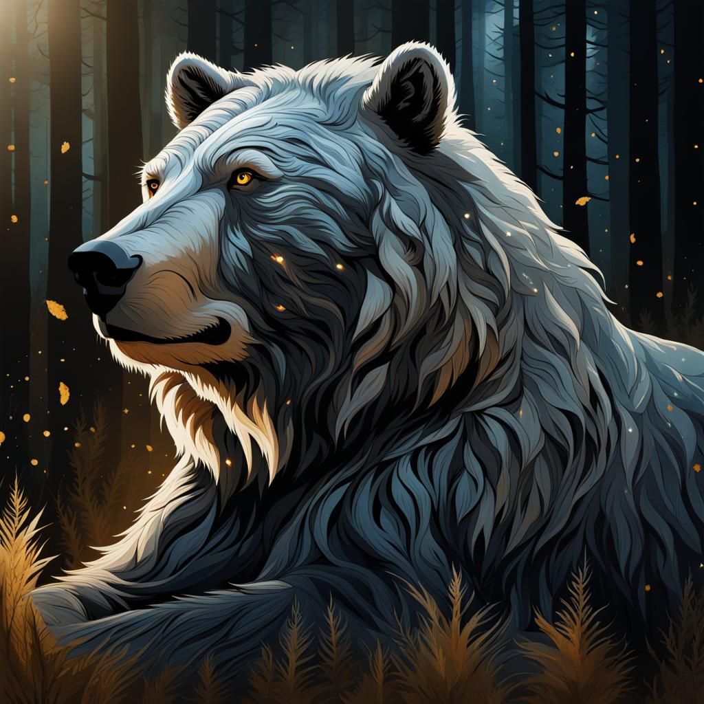 Grizzled Bear Portrait with Lion's Mane, Hyperdetailed Illus...