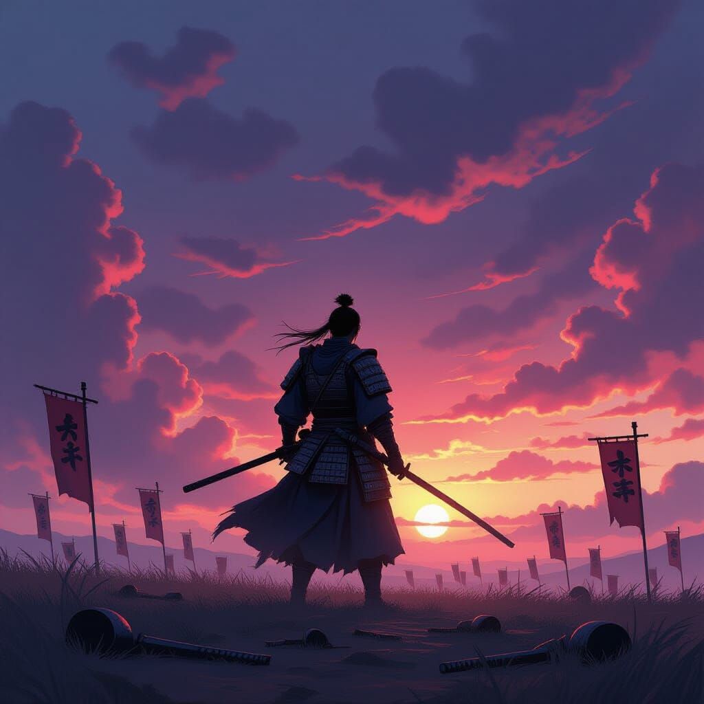 Lone Samurai on Windswept Battlefield