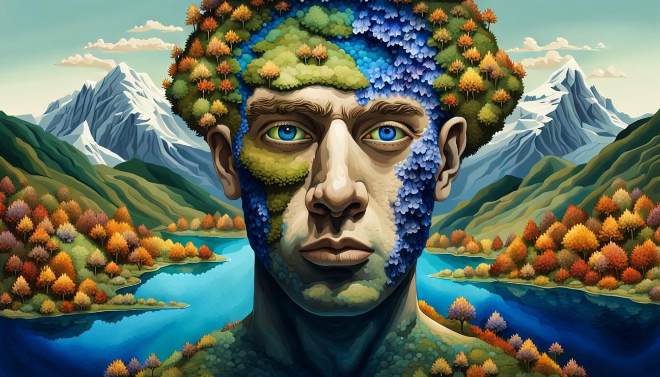 Surreal Landscape Face in Trompe-l'oeil Style