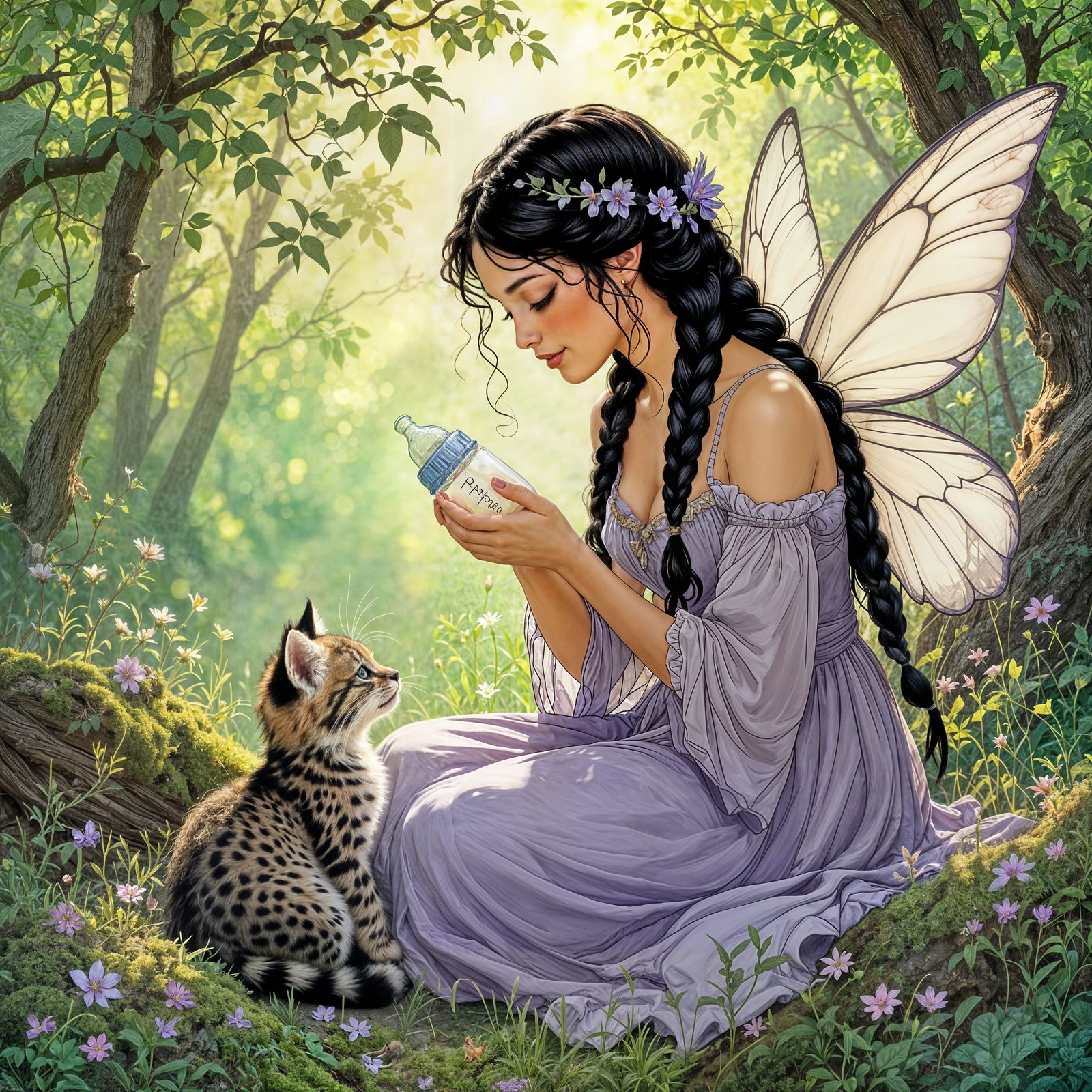 Fairy Tends to Lost Bobcat Kittens in Lavender Dress