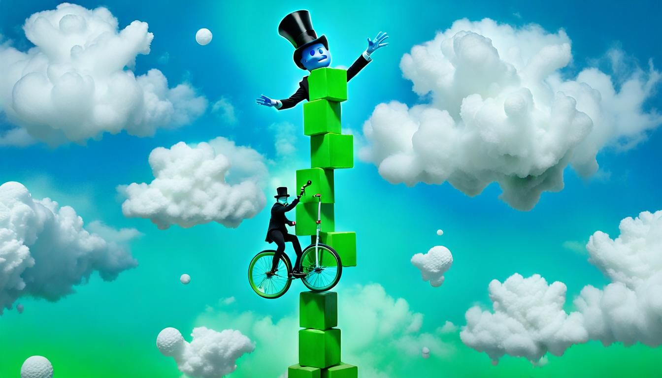 Surreal Blue Man on Jenga Tower in Magic Realism