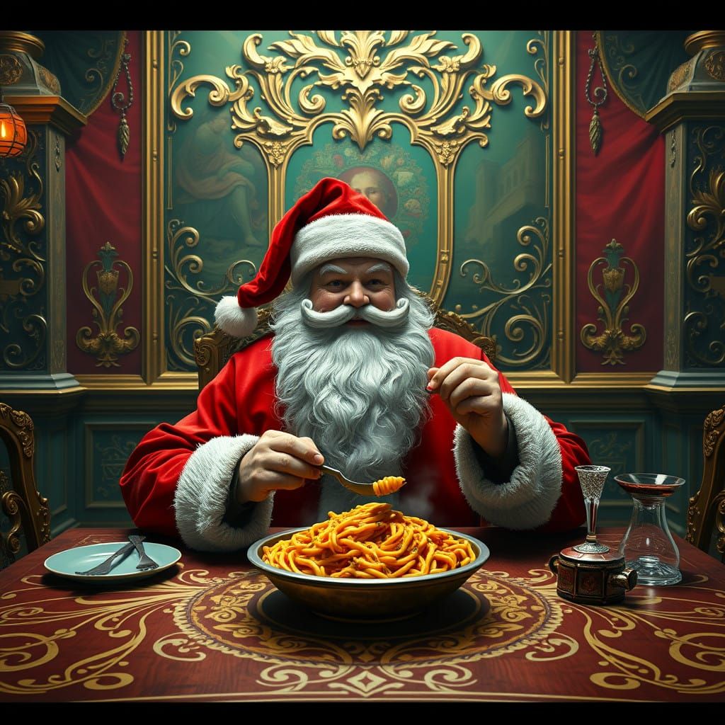 Jovial Santa Claus Savoring Vibrant Pasta in Renaissance-Ins...