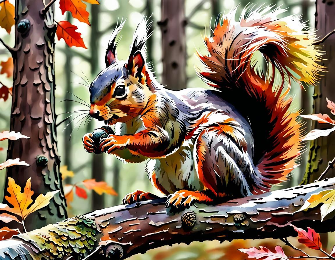 Autumnal Squirrel in Watercolor Forest Illustration
