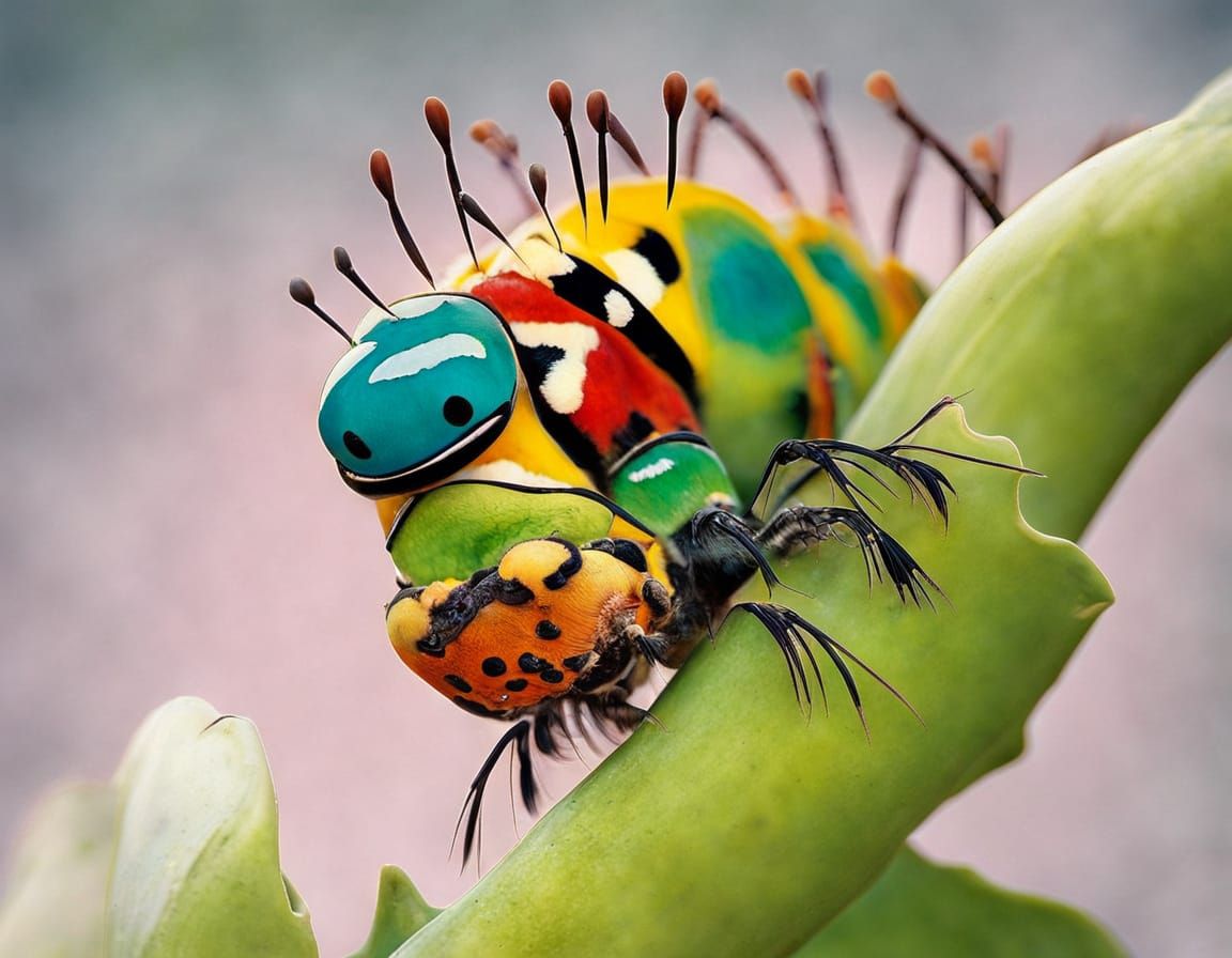 Close-Up of Excited Caterpillar Hiding From Bird