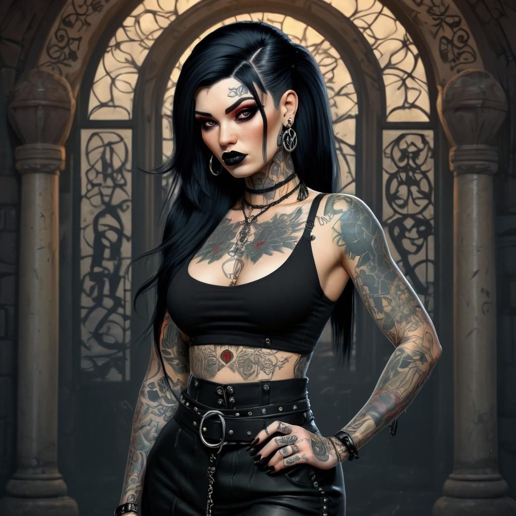 Badass Goth Woman Portrait in Cartoon Style