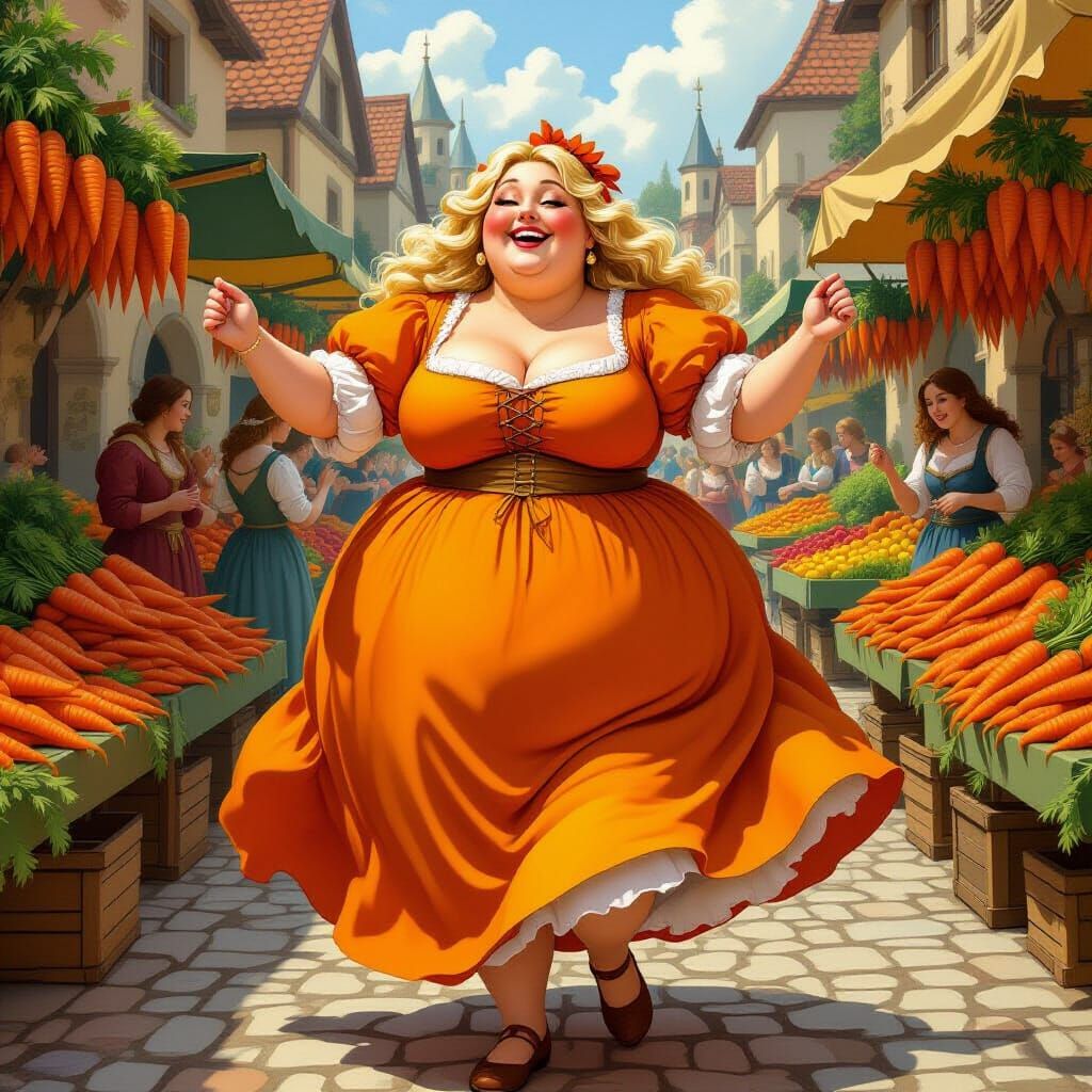 Happy Woman Dances in Carrot Market: Medieval Fresco