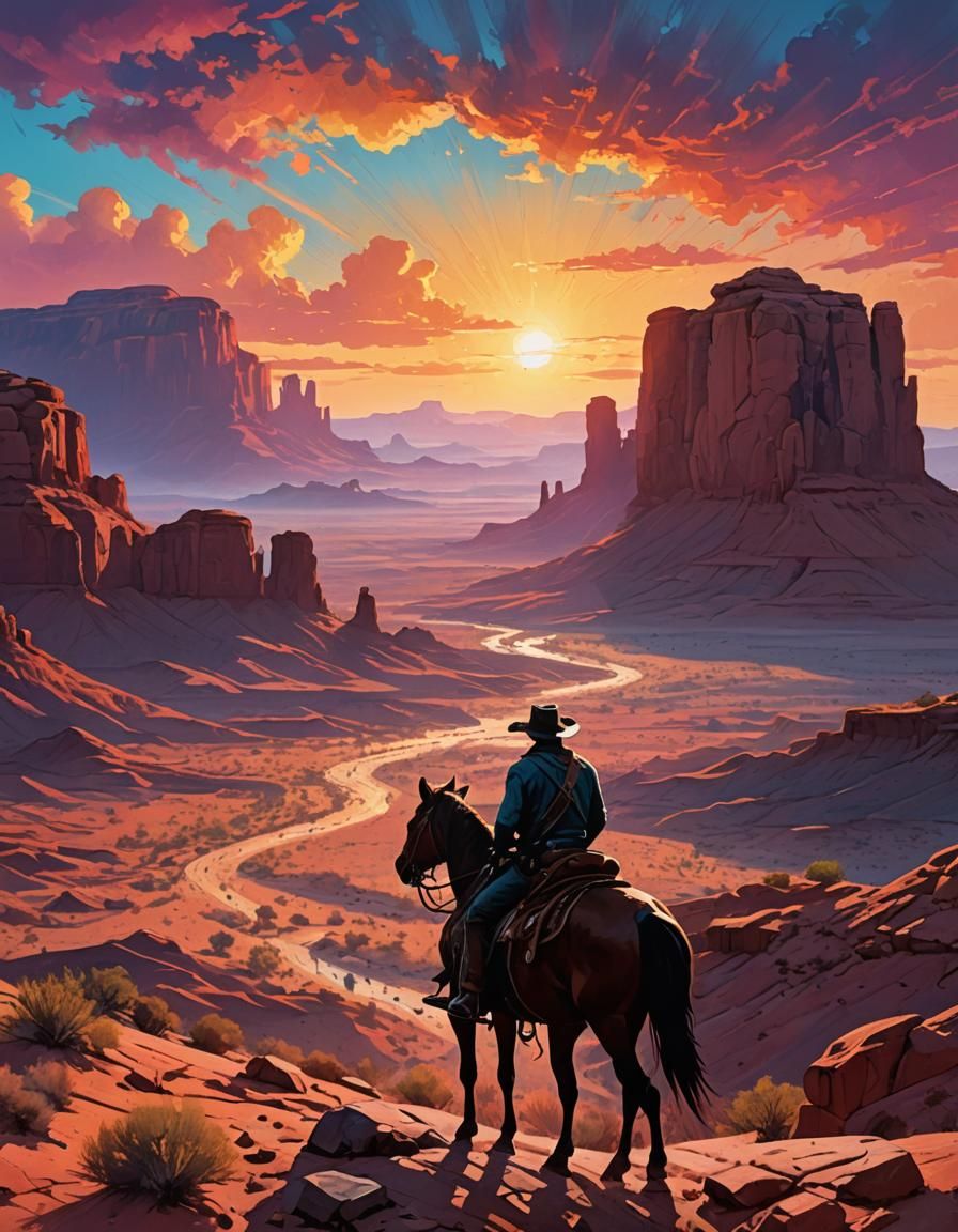 Cowboy Silhouette at Desert Sunset: Digital Illustration