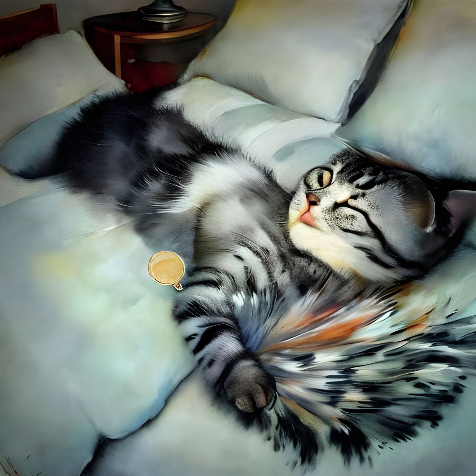 Cat Sleeping on Pillow, Mixed Media Painting