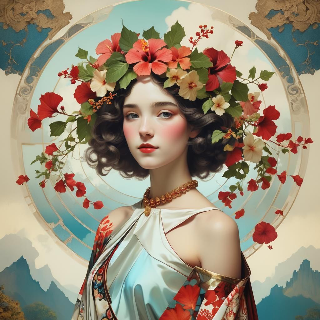 Smiling Maiden with Hibiscus Crown and Acropolis