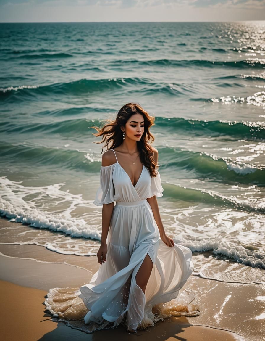 Colorful Beach Scene with Beautiful Model in Storybook Style