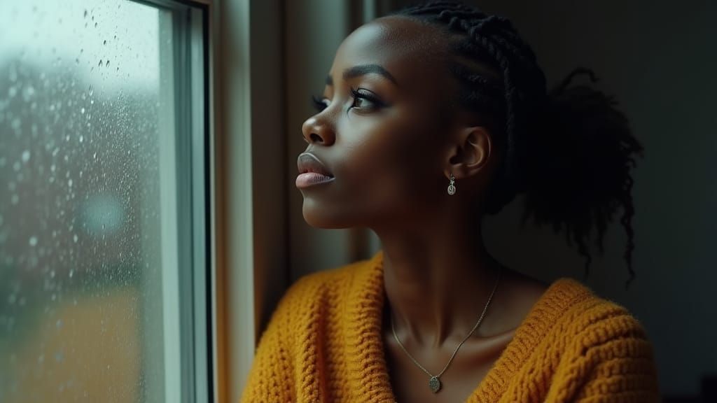Melancholy Woman Gazing at Rain, Contemporary Portrait
