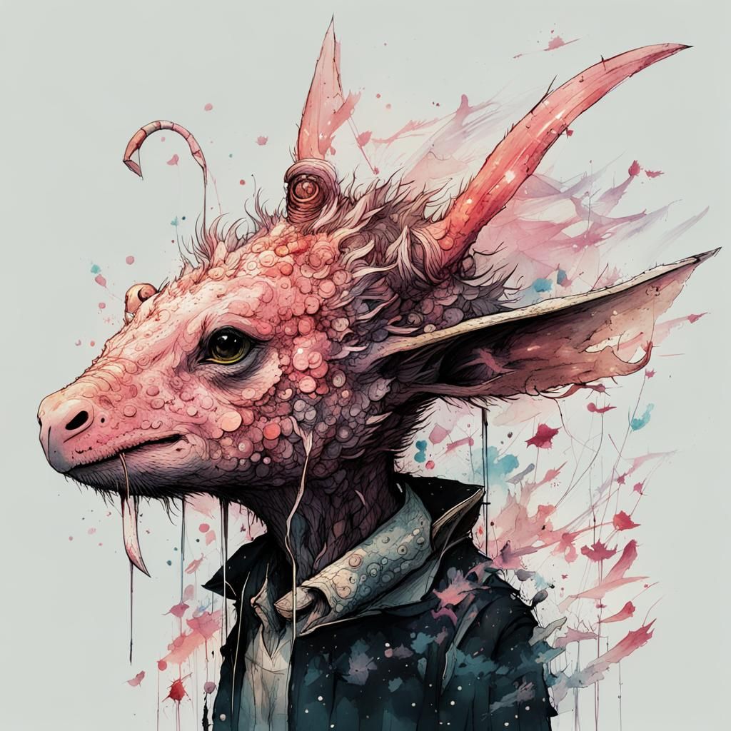 Dragon-Winged Rabbit in Watercolor Splash Art