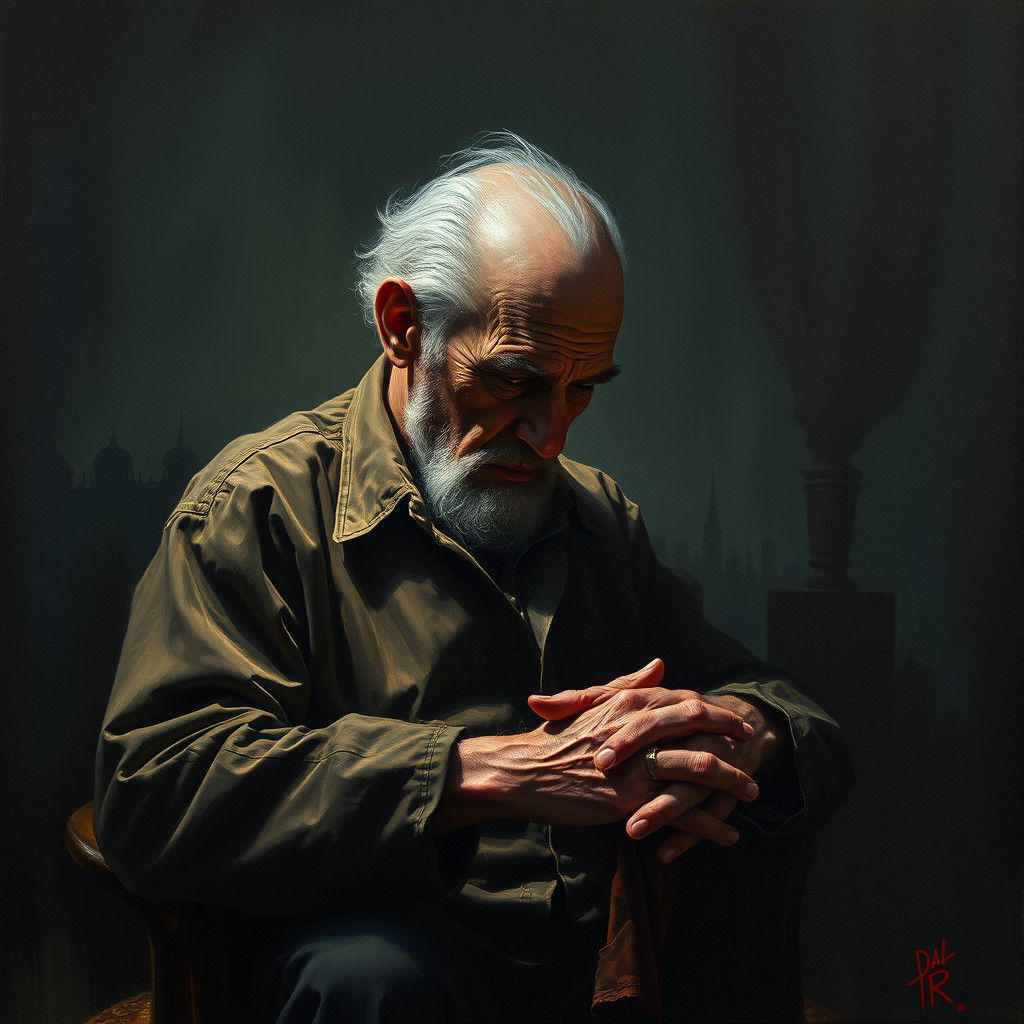 Regretful Old Man in Atmospheric Chamber: Oil Painting