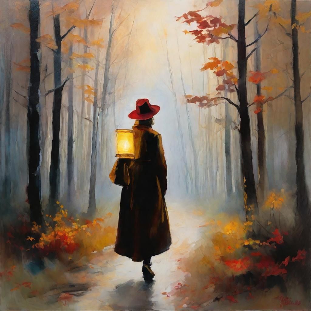Woman with Lantern in Misty Forest Gouache Painting