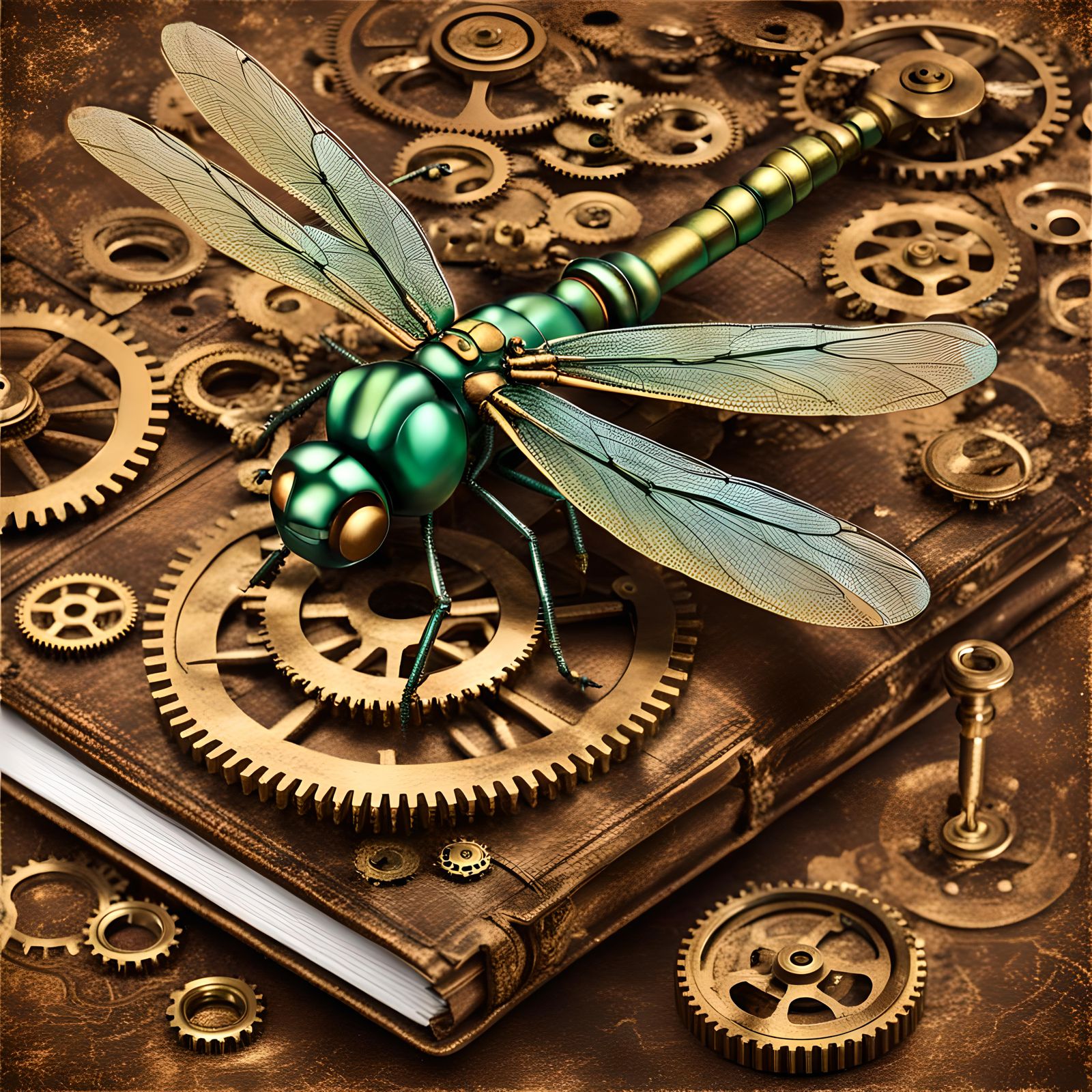 Steampunk Dragonfly on Book with Gears
