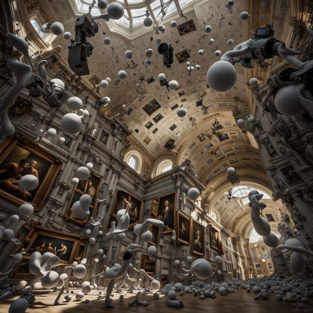Vast Art Gallery with Kinetic Sculpture in Surreal Style
