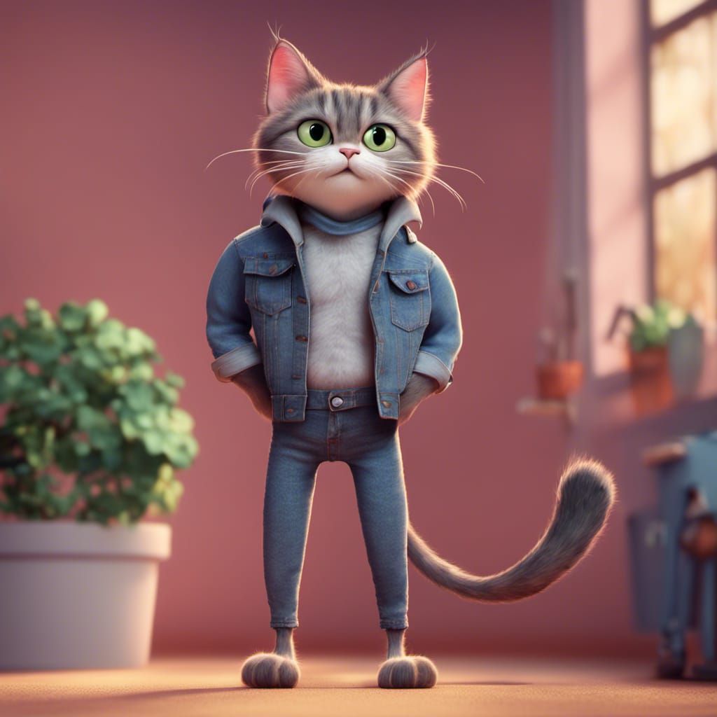Long-Legged Cat in Jeans: Pixar-Style 3D Art