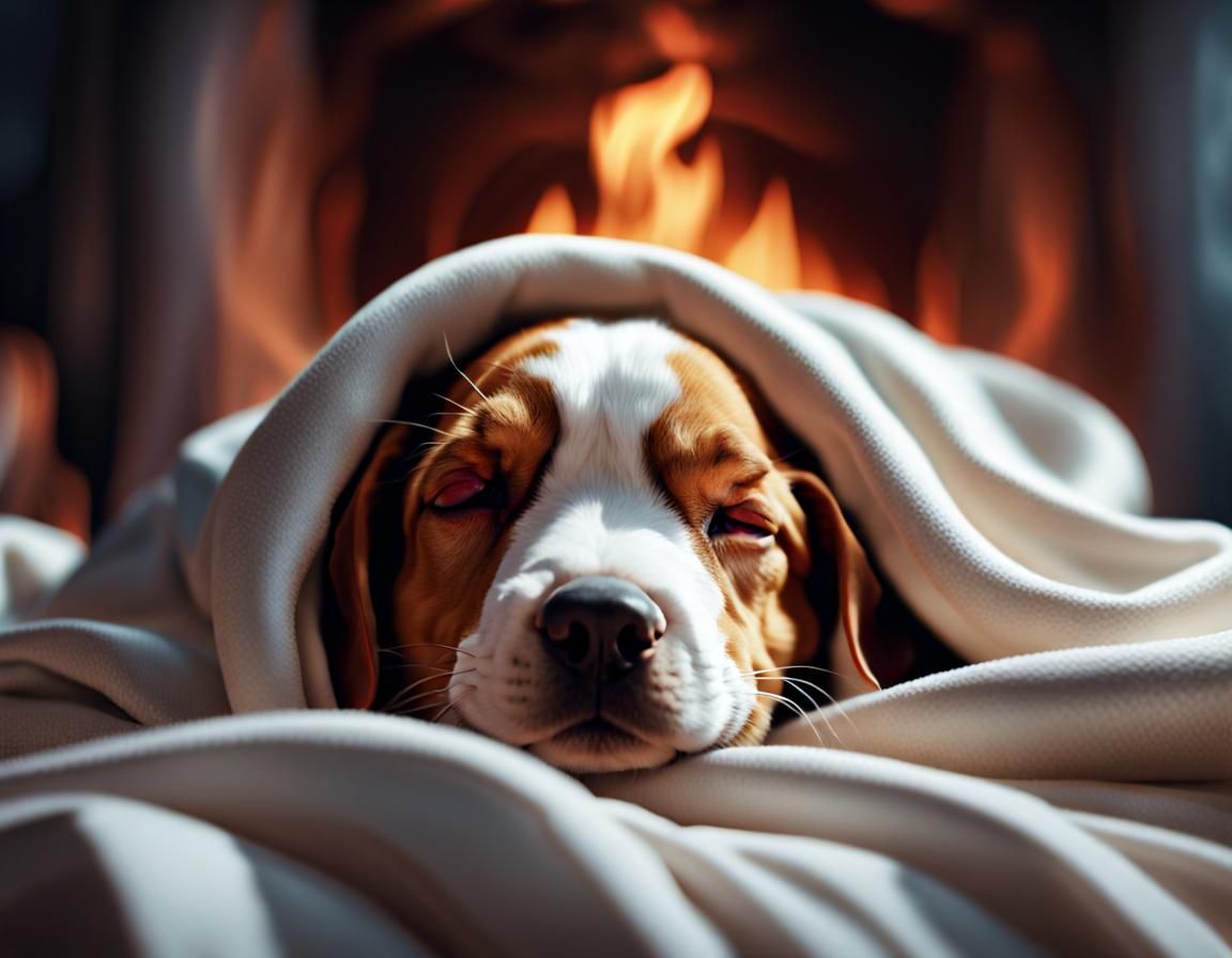 Puppy Sleeping by Fireplace: Detailed Matte Painting