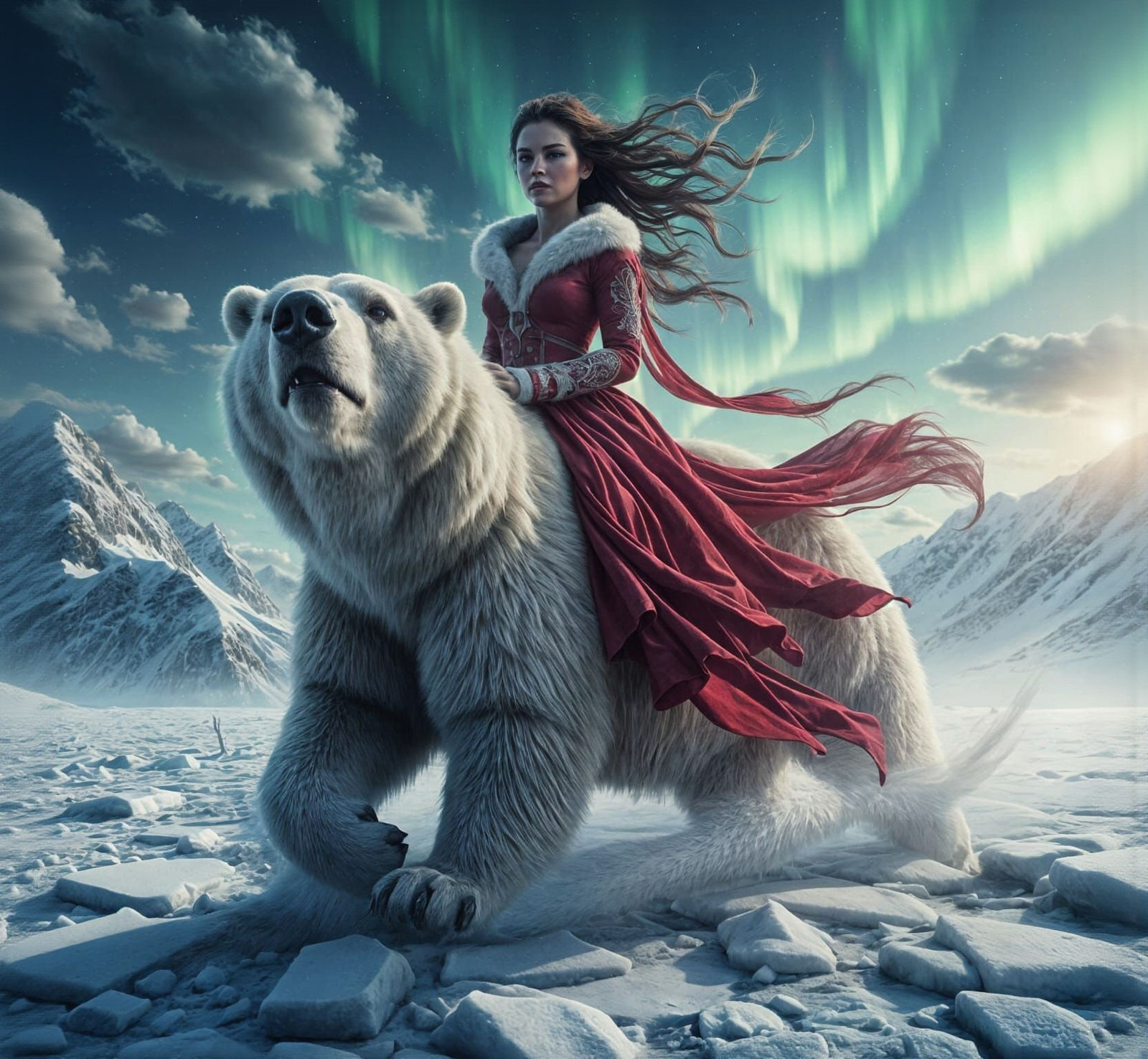 Warrior Woman Rides Polar Bear Under Aurora Borealis
