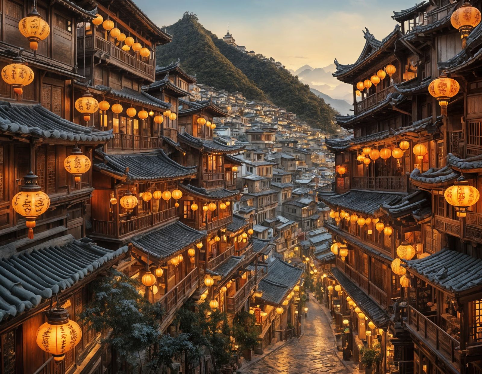 Jiufen Taiwan Old Town in Gouache Style