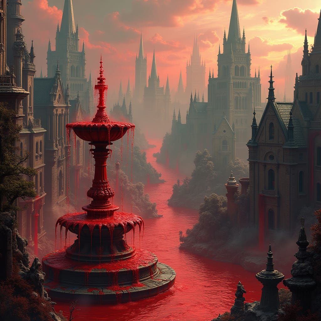 Cityscape Transformed: Rivers and Fountains of Blood