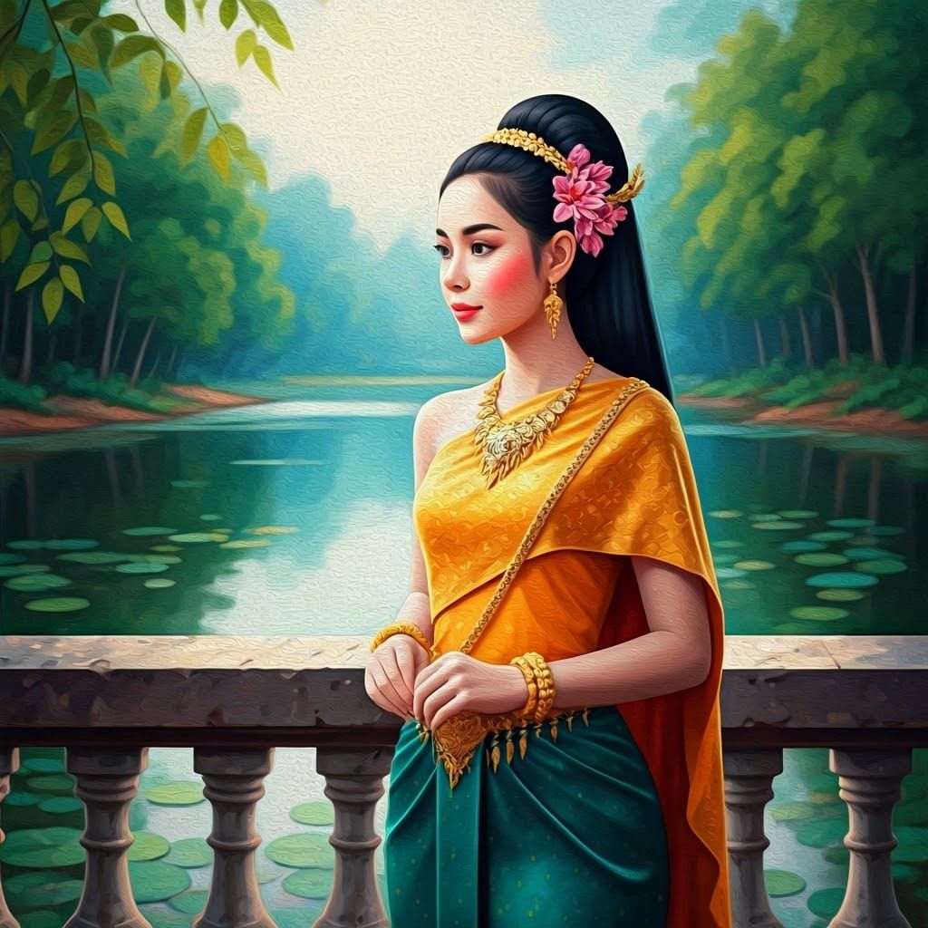 Traditional Khmer Woman in Folk Art Style