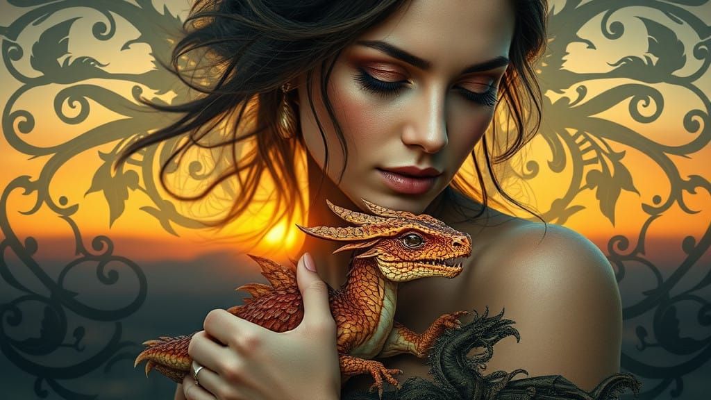 Fantasy Woman Locks Embracing Whimsical Dragon Hatchling in...