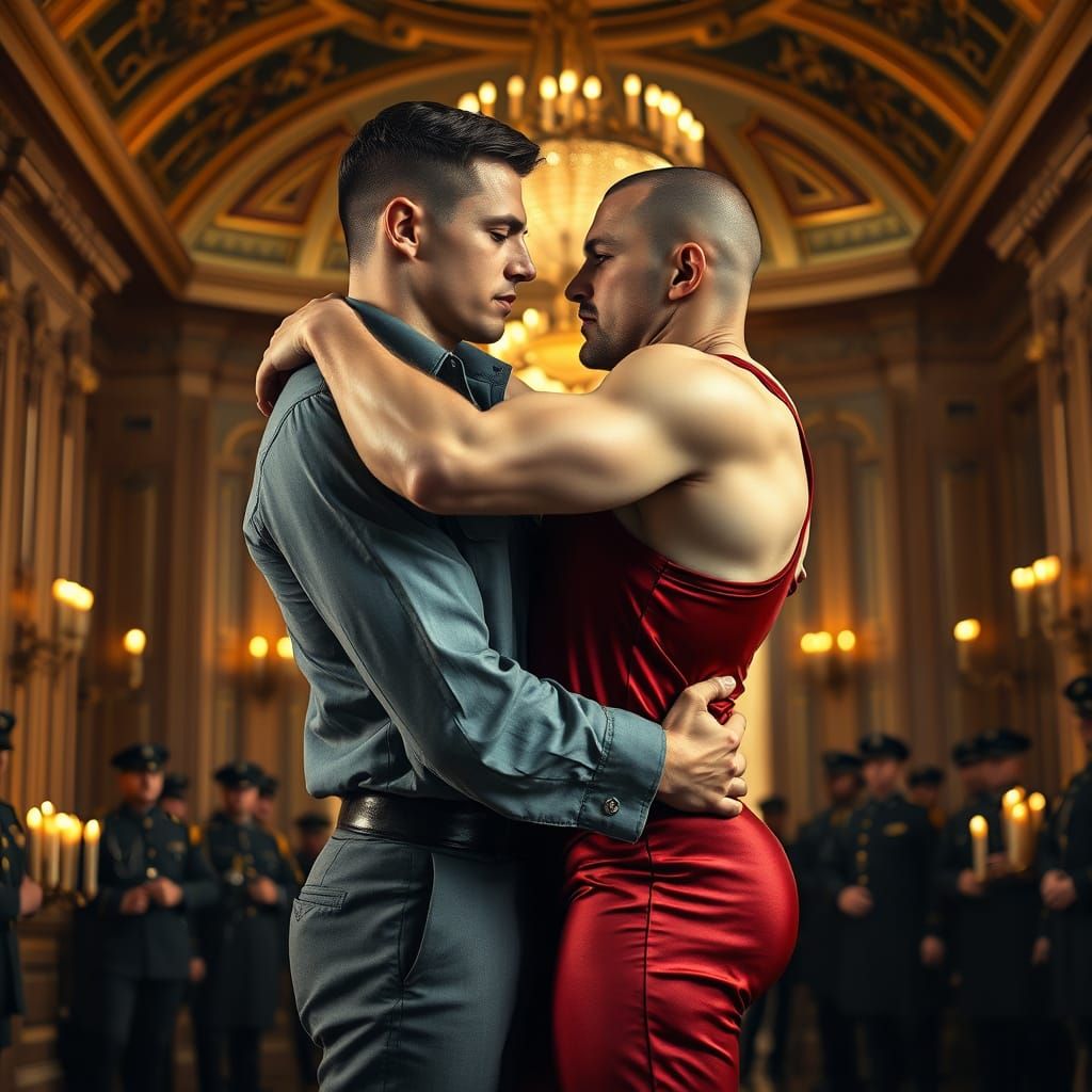 Intense Male Embrace in Vintage-Inspired Opulence