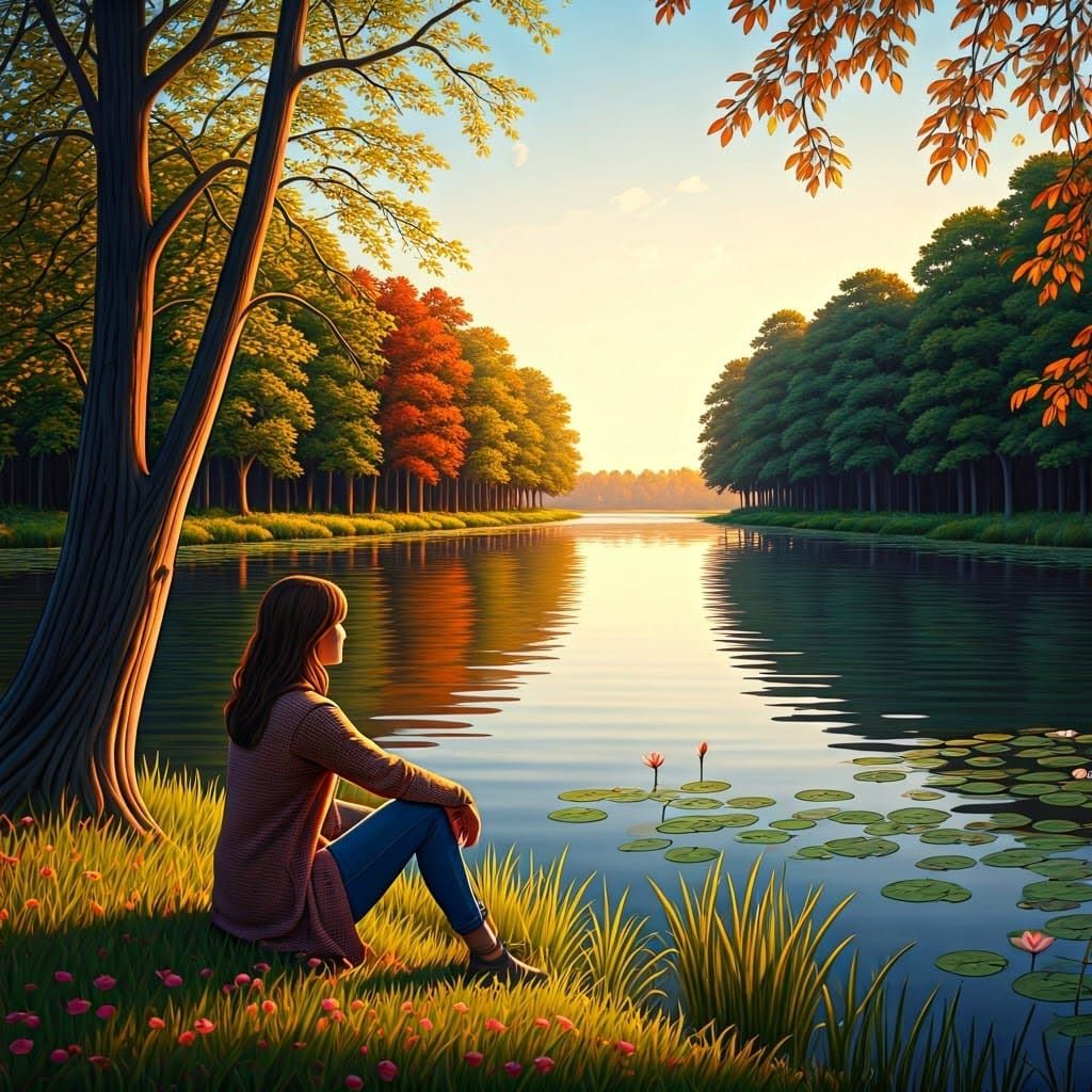 Lakeside Sunset Serenity in Romantic Impressionism