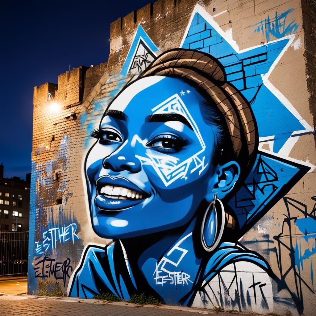 Girl with Blue Lips Next to Graffiti