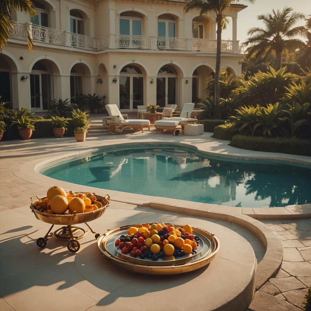 Luxury Villa Pool with Sea Wheel in Golden Light