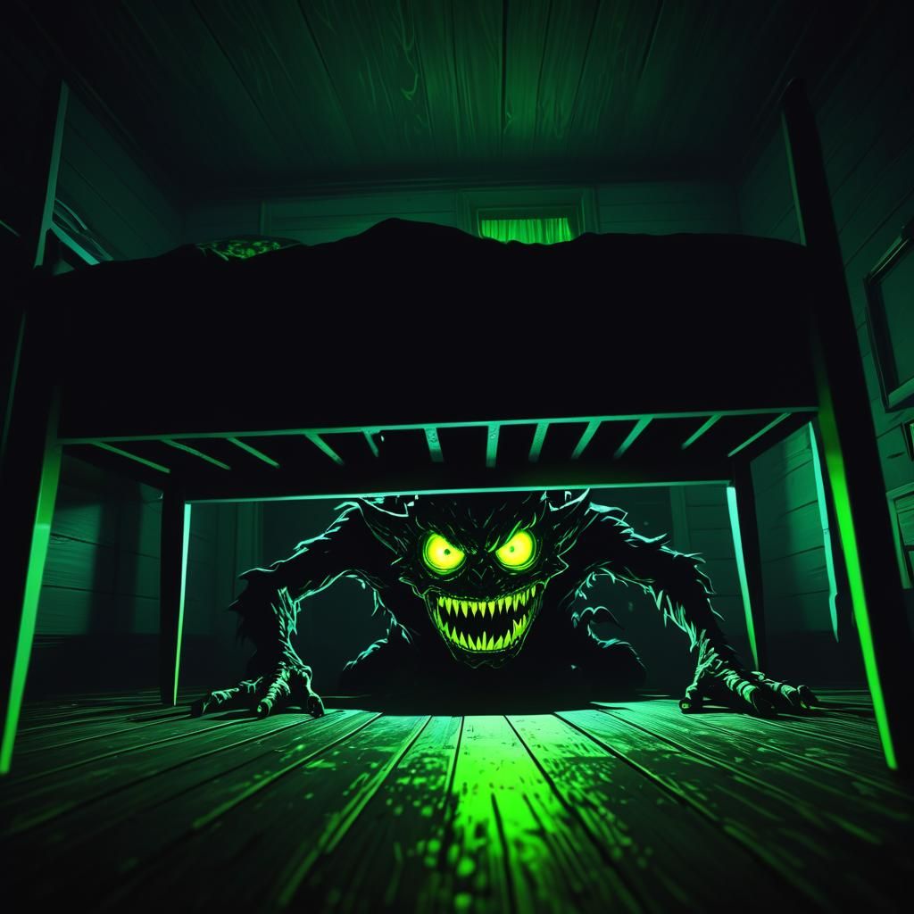 Eerie Anime Monster Under Bed in Neon Shadows