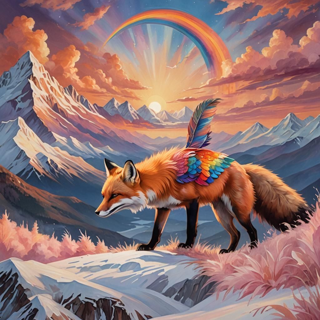 Fox with Rainbow Wings in Mountain Sunset