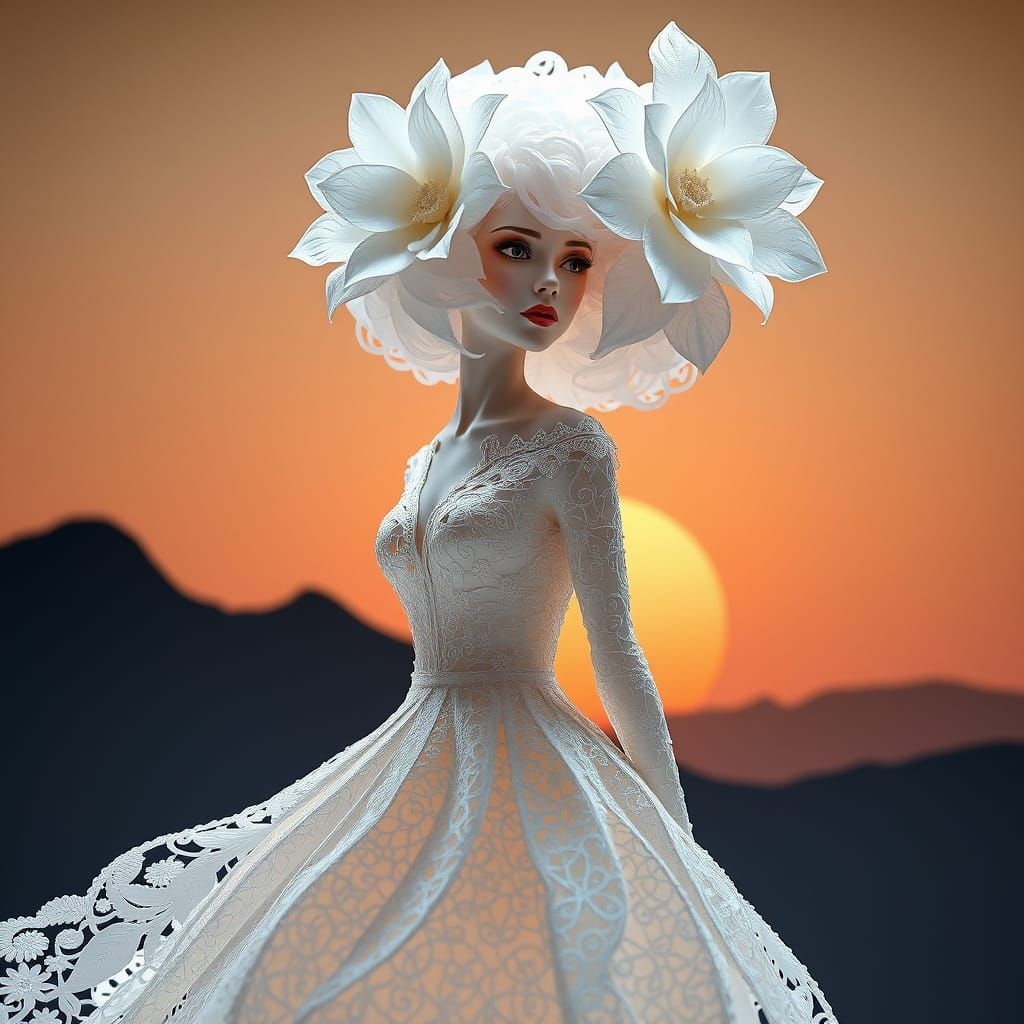 Albino Woman in Paper-Cut Gown at Sunrise